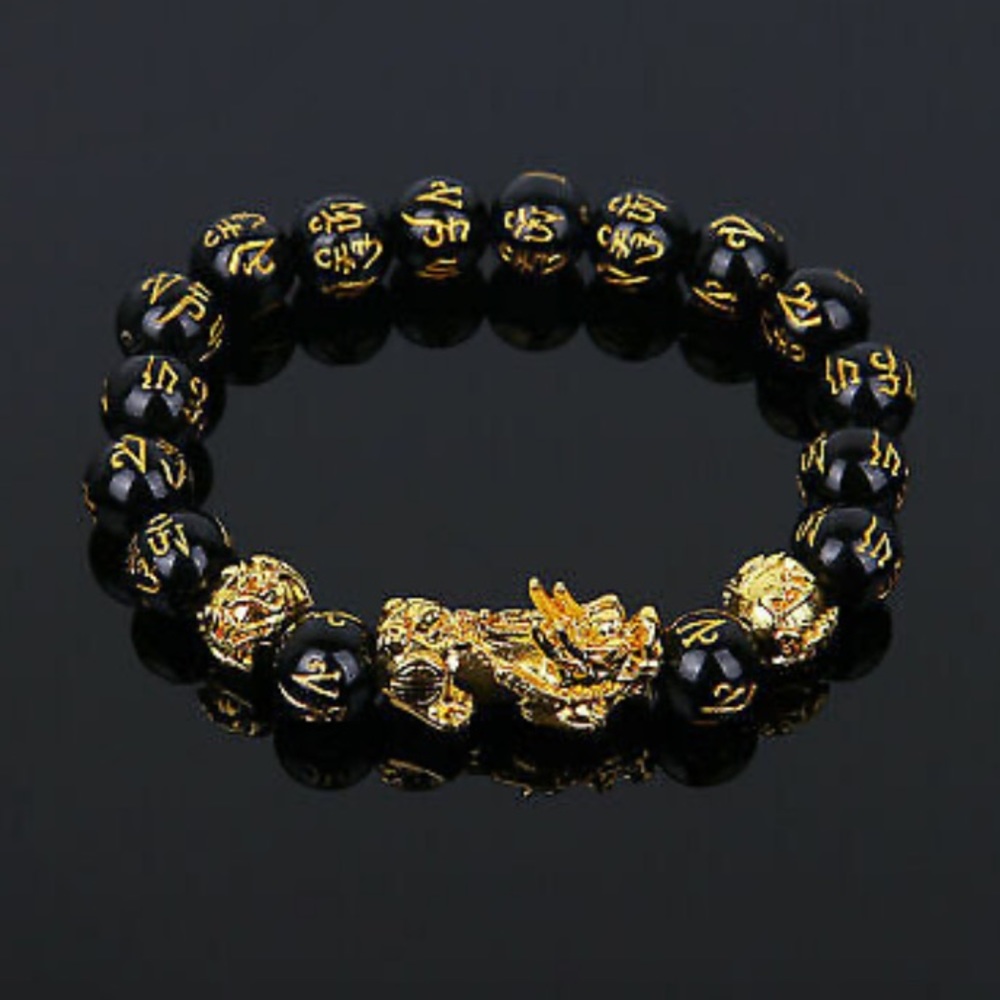 Feng Shui Green Onyx Black Obsidian Beads Wealth Golden Pixiu Lucky Braceletl - Picture 2 of 6